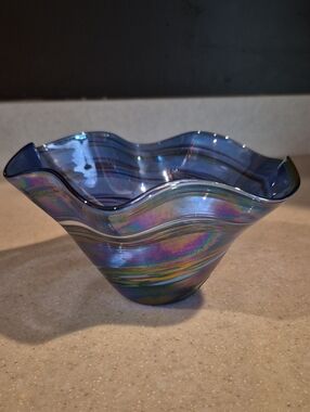 Iridescent Blue Hand-Blown Glass Bowl - Home Art